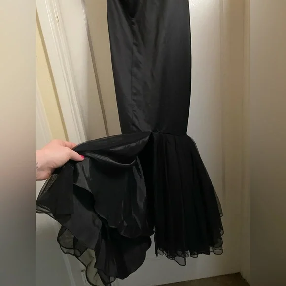 Vintage y2k Black Satin Mermaid Fishtail Evening Gown Prom Dress barbiecore noir - Picture 16 of 17